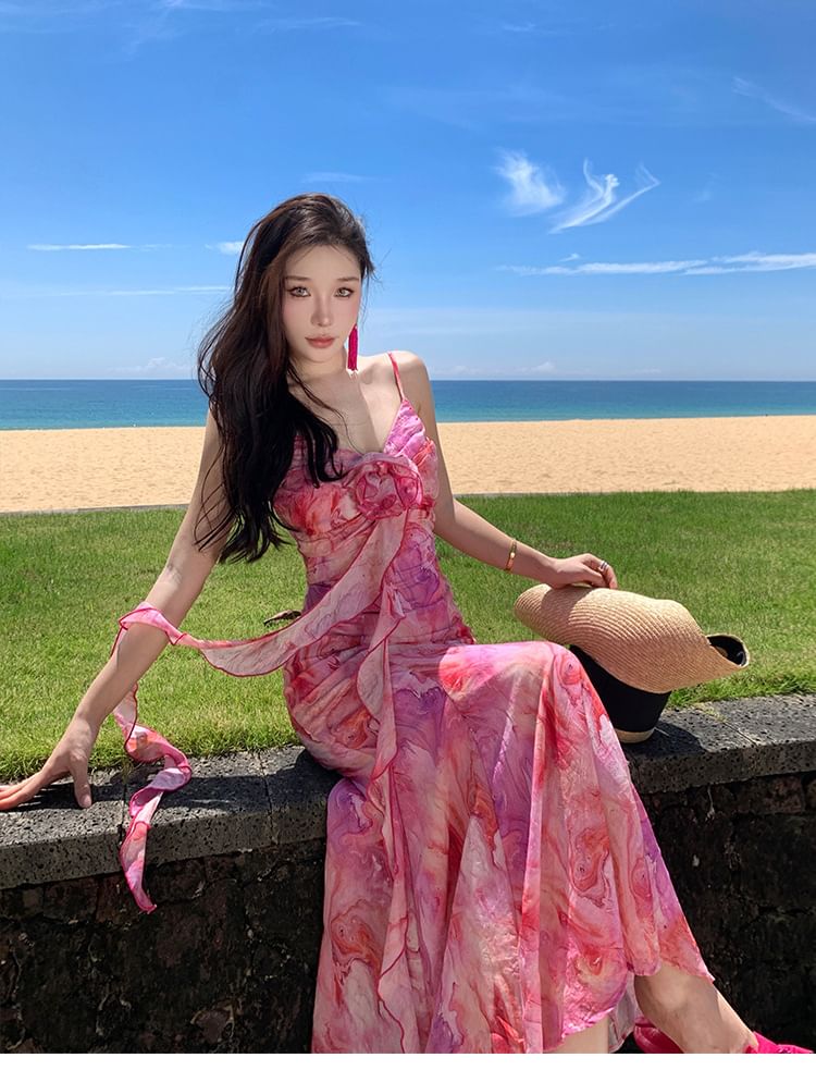 Tie Spaghetti Midi Strap A-Line Accent Sundress Flower Trim Dye Ruffle