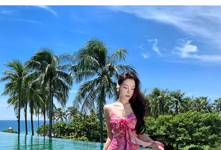 Tie Spaghetti Midi Strap A-Line Accent Sundress Flower Trim Dye Ruffle