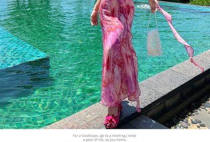 Tie Spaghetti Midi Strap A-Line Accent Sundress Flower Trim Dye Ruffle