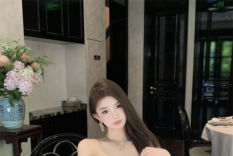 Cap-Sleeve Asymmetrical Plain Mini Ruched Off-Shoulder Dress Sheath