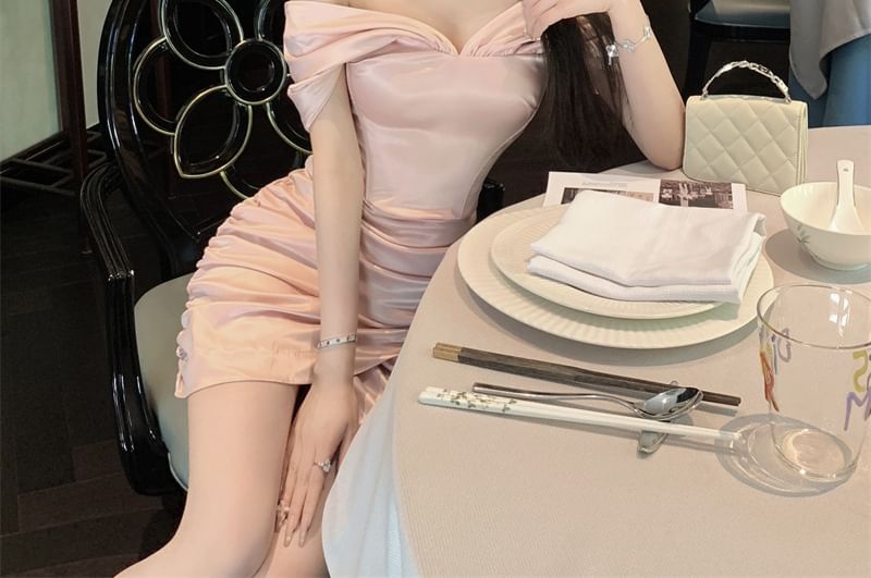 Cap-Sleeve Asymmetrical Plain Mini Ruched Off-Shoulder Dress Sheath