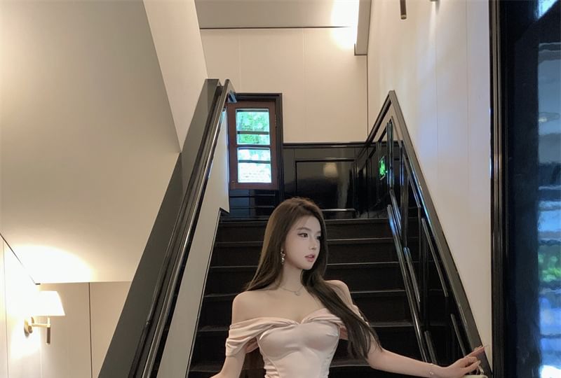 Cap-Sleeve Asymmetrical Plain Mini Ruched Off-Shoulder Dress Sheath