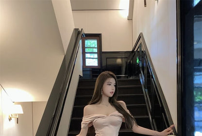 Cap-Sleeve Asymmetrical Plain Mini Ruched Off-Shoulder Dress Sheath