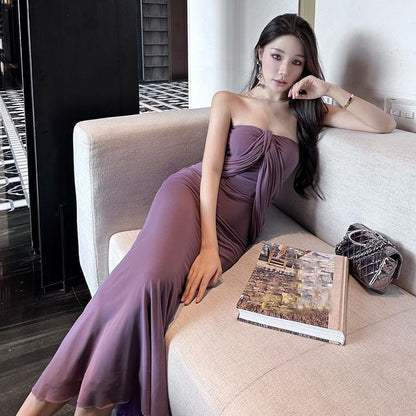 Bow Plain Strapless Dress Midi Sheath