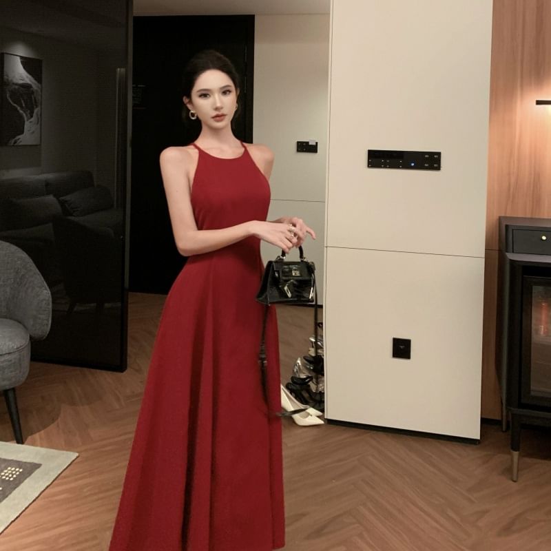 Strap Dress Plain Midi A-Line Spaghetti