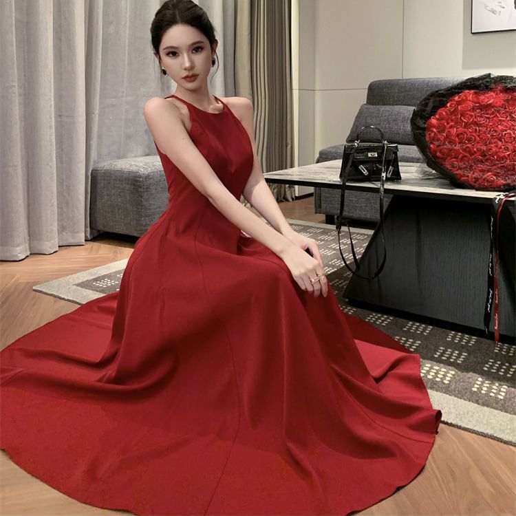 Strap Dress Plain Midi A-Line Spaghetti