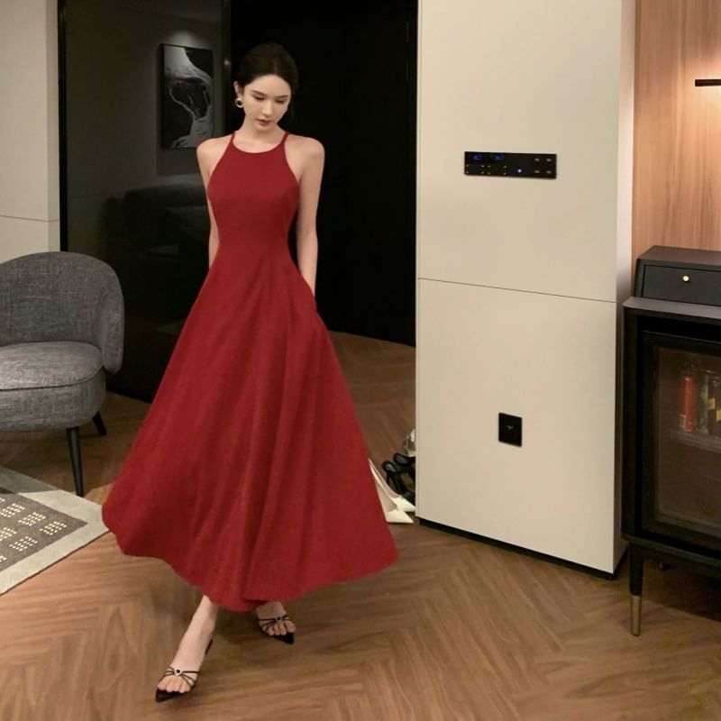 Strap Dress Plain Midi A-Line Spaghetti