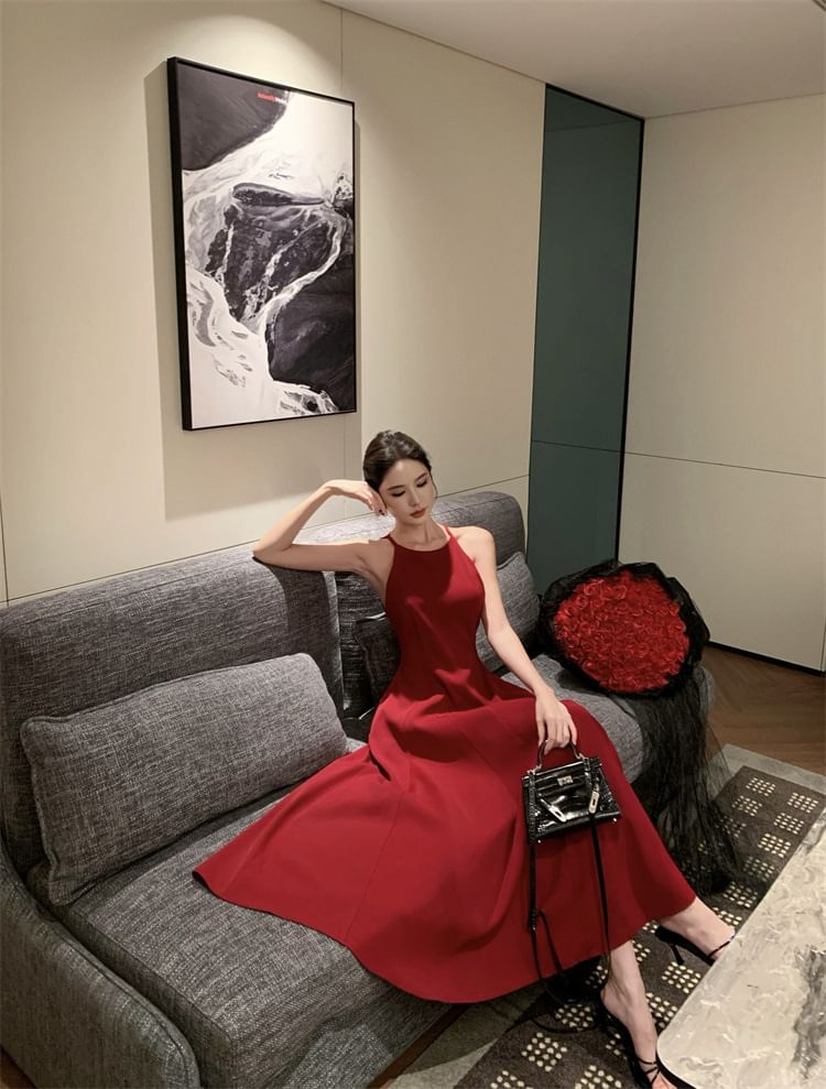 Strap Dress Plain Midi A-Line Spaghetti