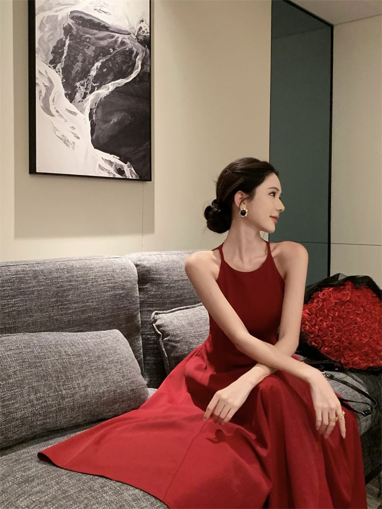 Strap Dress Plain Midi A-Line Spaghetti