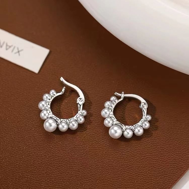 925 Sterling Silver Faux Pearl Hoop Earring