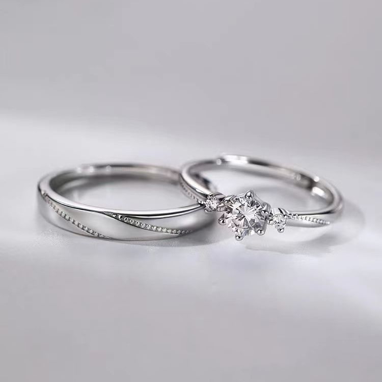 925 Sterling Silver Couple Matching Embossed Ring / Rhinestone Ring / Set