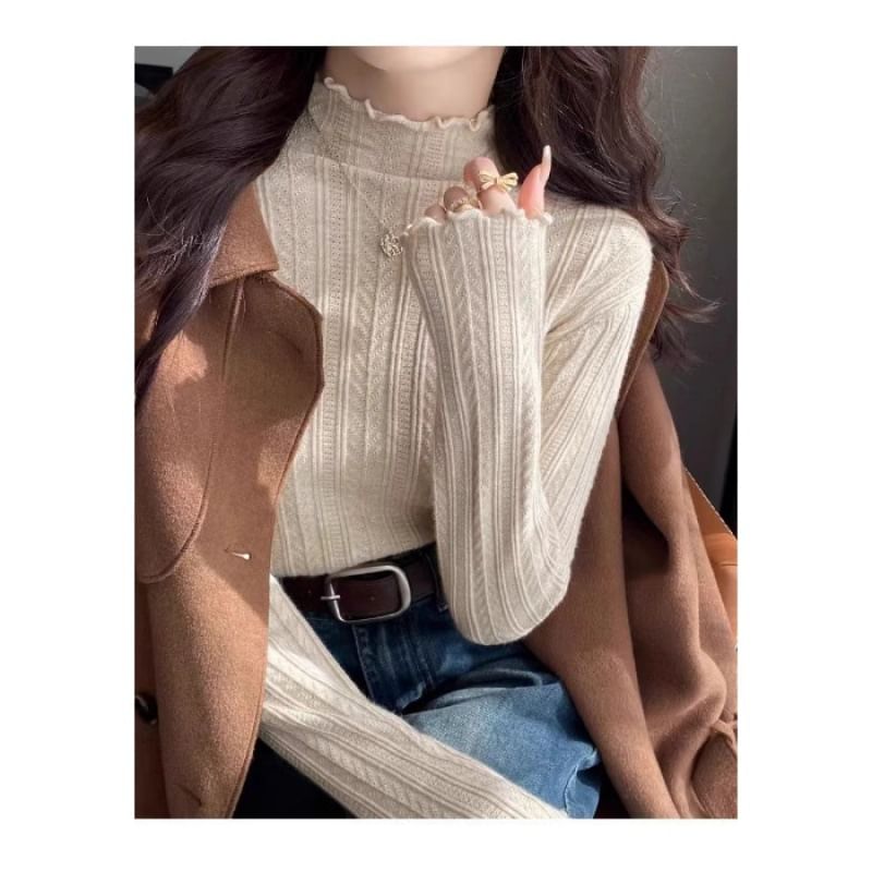 Long-Sleeve Edge Mock Lettuce Knit Top Neck Plain
