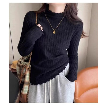 Long-Sleeve Edge Mock Lettuce Knit Top Neck Plain
