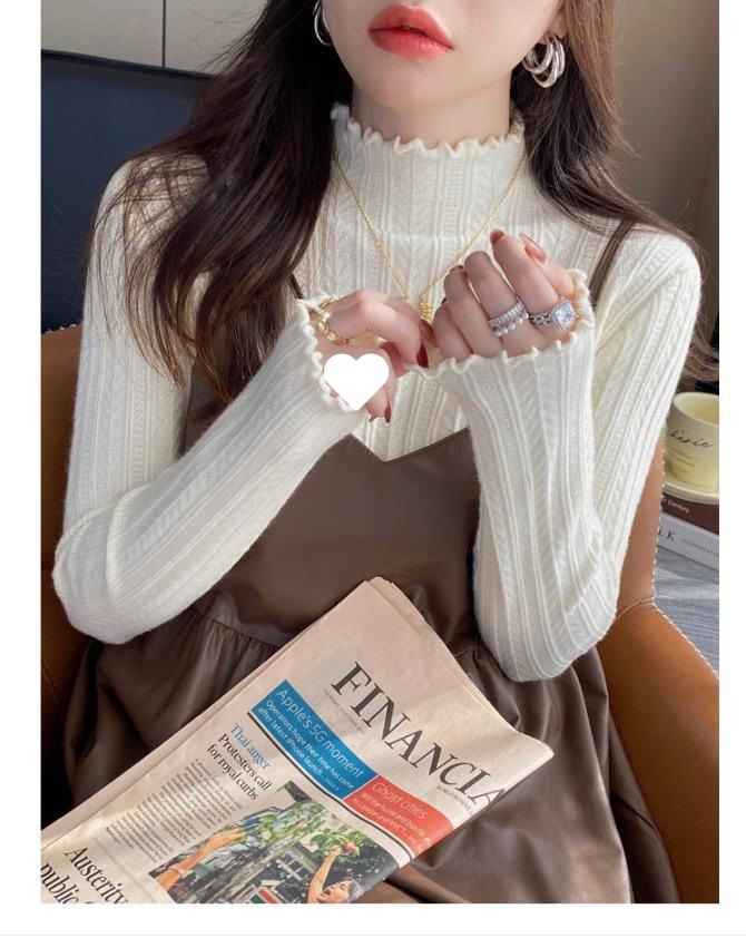 Long-Sleeve Edge Mock Lettuce Knit Top Neck Plain