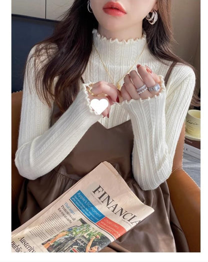Long-Sleeve Edge Mock Lettuce Knit Top Neck Plain