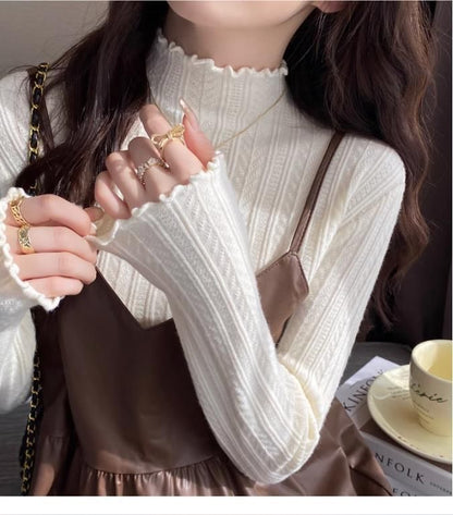 Long-Sleeve Edge Mock Lettuce Knit Top Neck Plain