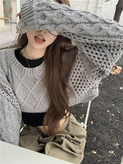 Crewneck Cable Knit Plain Crop Sweater