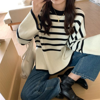 Oversized Side-Slit Striped Knit Top