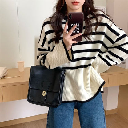 Oversized Side-Slit Striped Knit Top