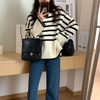 Oversized Side-Slit Striped Knit Top