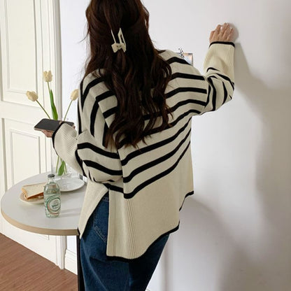 Oversized Side-Slit Striped Knit Top