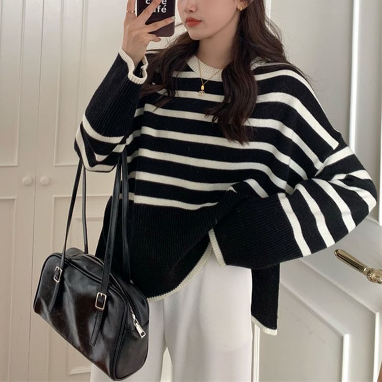 Oversized Side-Slit Striped Knit Top