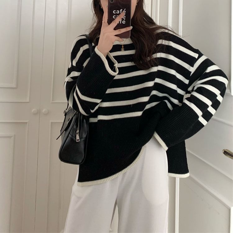 Oversized Side-Slit Striped Knit Top