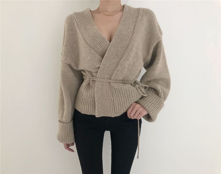 Wrapped V-Neck Knit Cardigan with Sash