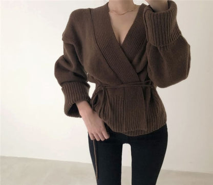 Wrapped V-Neck Knit Cardigan with Sash