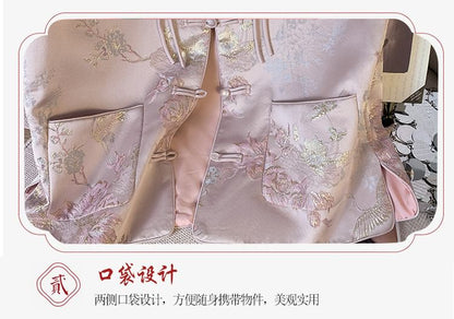 Gilet Hanfu à simple boutonnage avec poches florales et boutons grenouille