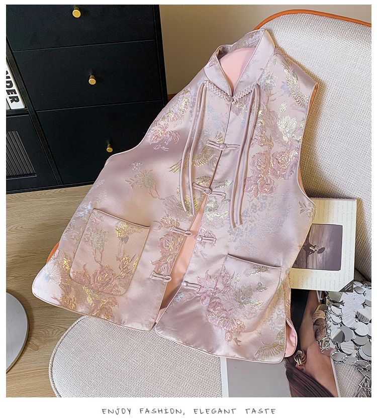 Gilet Hanfu à simple boutonnage avec poches florales et boutons grenouille