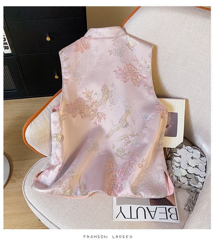 Gilet Hanfu à simple boutonnage avec poches florales et boutons grenouille