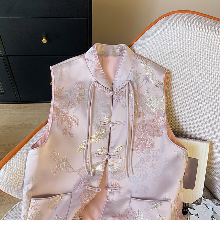 Gilet Hanfu à simple boutonnage avec poches florales et boutons grenouille