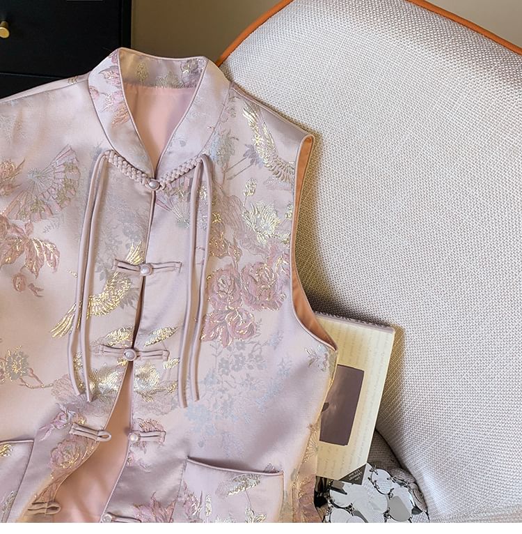 Gilet Hanfu à simple boutonnage avec poches florales et boutons grenouille