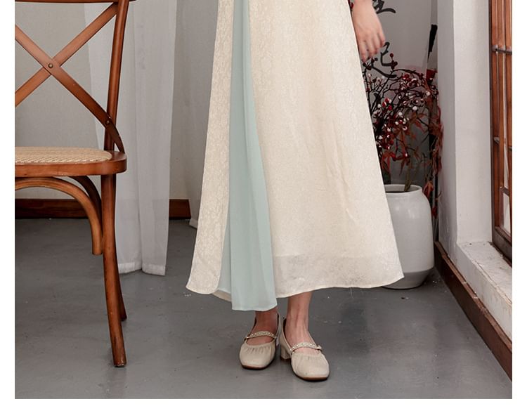 Flared-Sleeve Two Tone Maxi Hanfu Dress / Mid Rise Plain Wide Leg Pants