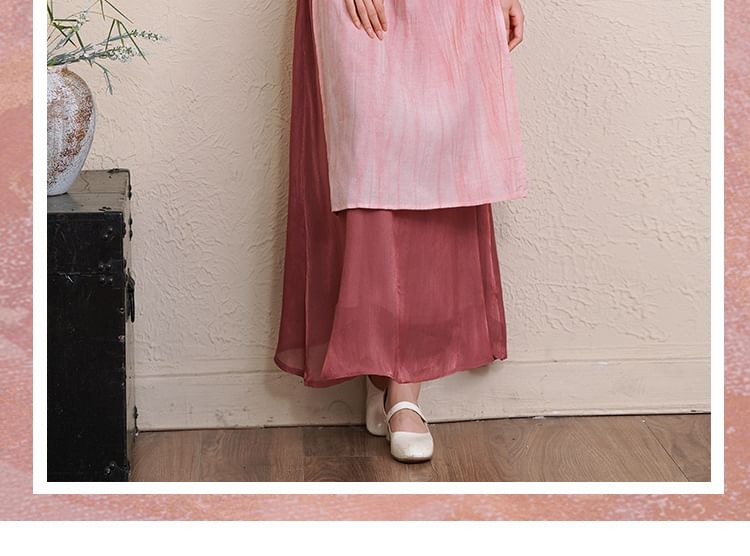 Elbow-Sleeve Striped Side-Slit Midi Hanfu Dress / Mid Rise Plain Maxi A-Line Skirt / Set