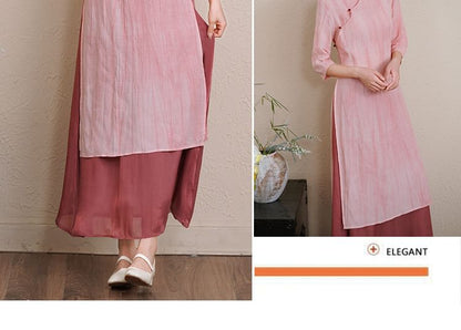 Elbow-Sleeve Striped Side-Slit Midi Hanfu Dress / Mid Rise Plain Maxi A-Line Skirt / Set