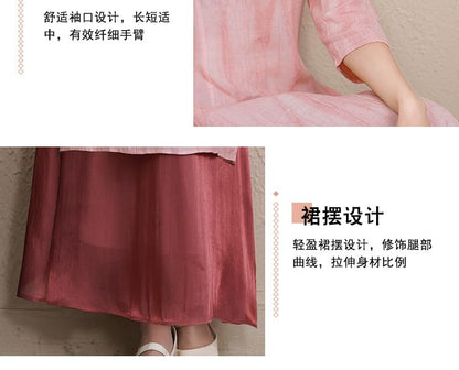 Elbow-Sleeve Striped Side-Slit Midi Hanfu Dress / Mid Rise Plain Maxi A-Line Skirt / Set