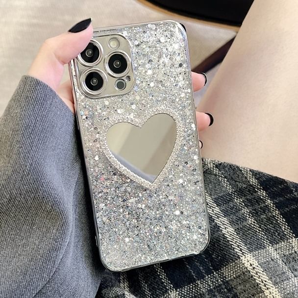 Sequined Heart Mirror Phone Case