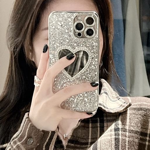 Sequined Heart Mirror Phone Case