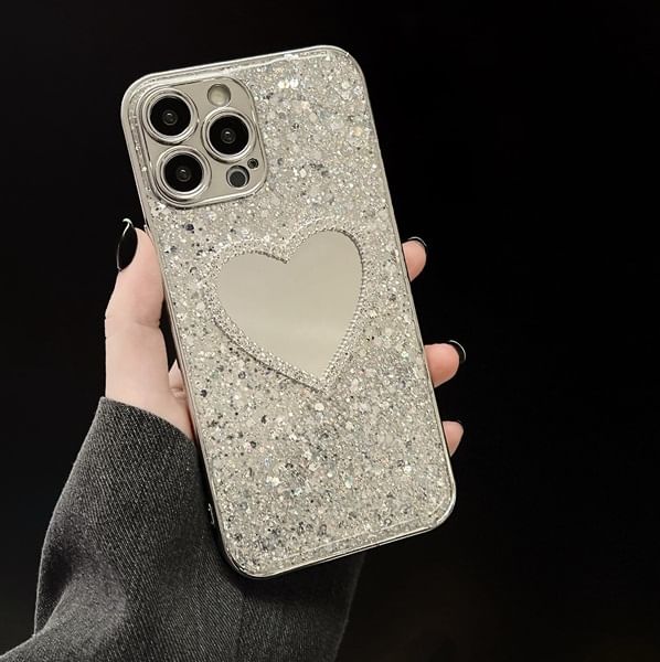 Sequined Heart Mirror Phone Case