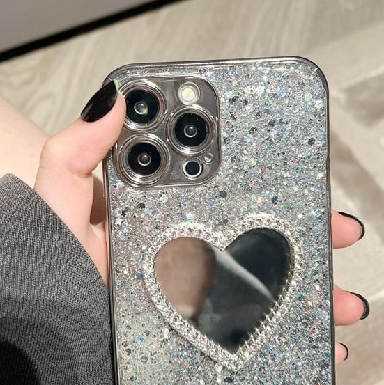 Sequined Heart Mirror Phone Case