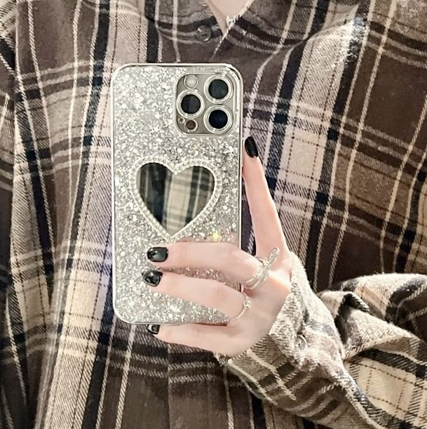 Sequined Heart Mirror Phone Case