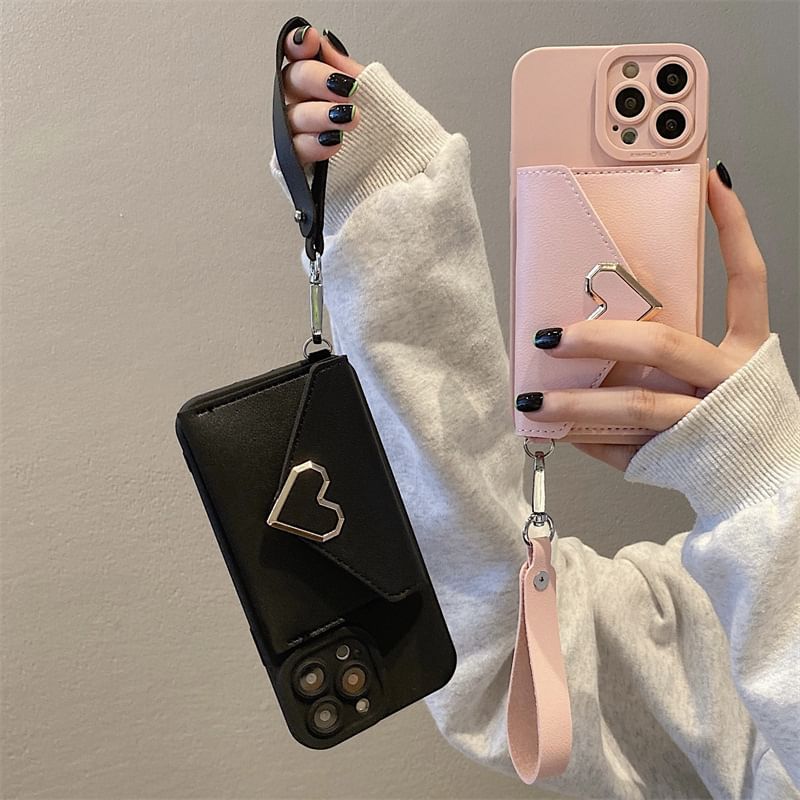 Heart Faux Leather Card Holder Strap Phone Case