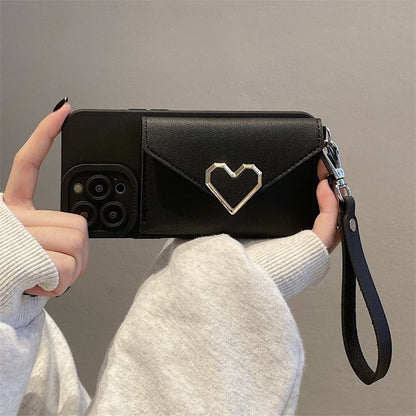 Heart Faux Leather Card Holder Strap Phone Case