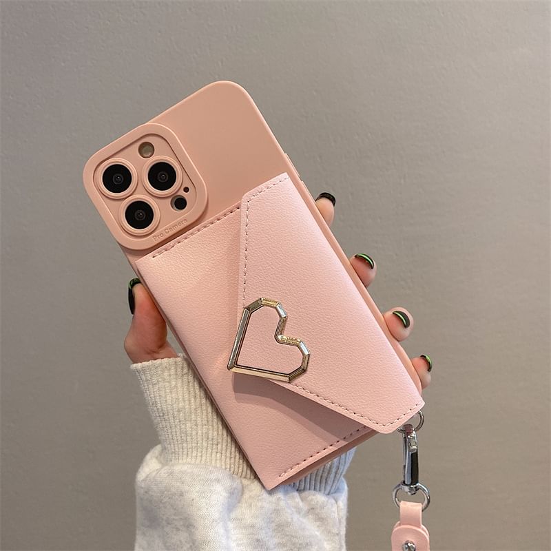 Heart Faux Leather Card Holder Strap Phone Case