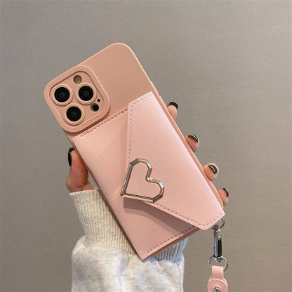 Heart Faux Leather Card Holder Strap Phone Case