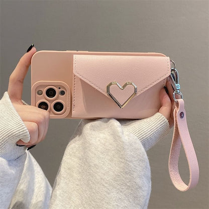 Heart Faux Leather Card Holder Strap Phone Case