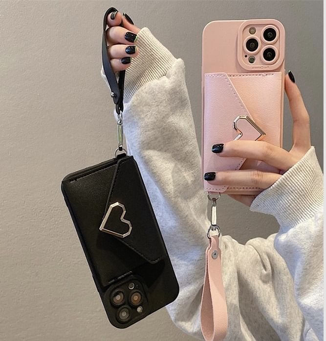 Heart Faux Leather Card Holder Strap Phone Case