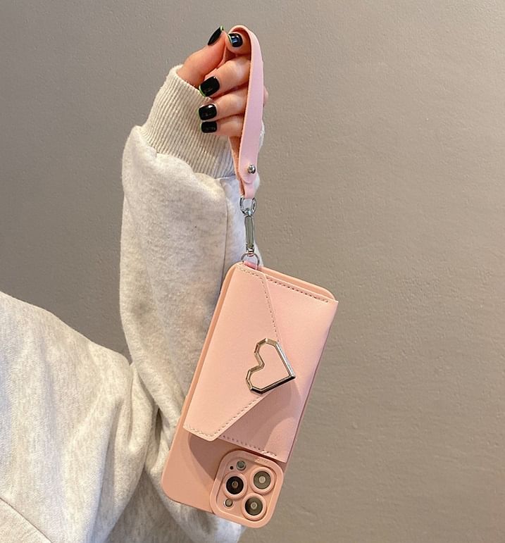 Heart Faux Leather Card Holder Strap Phone Case